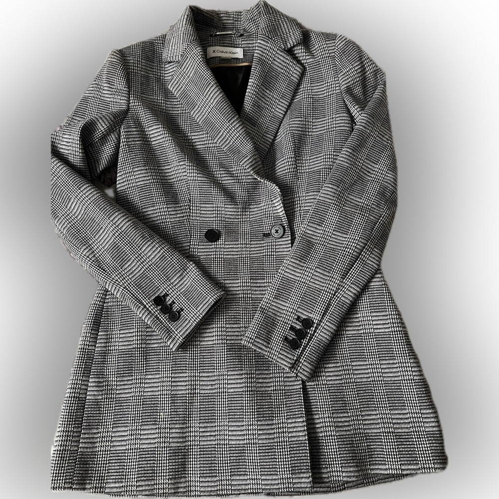 Calvin Klein Women s Black & White Checkered Slim Fit Blazer size 2